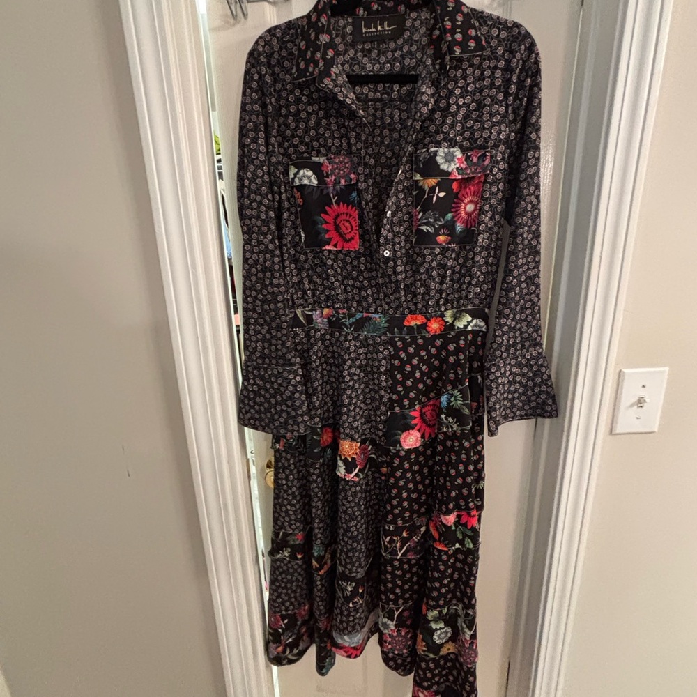 Nicole Miller Black Floral Long Sleeve Dress